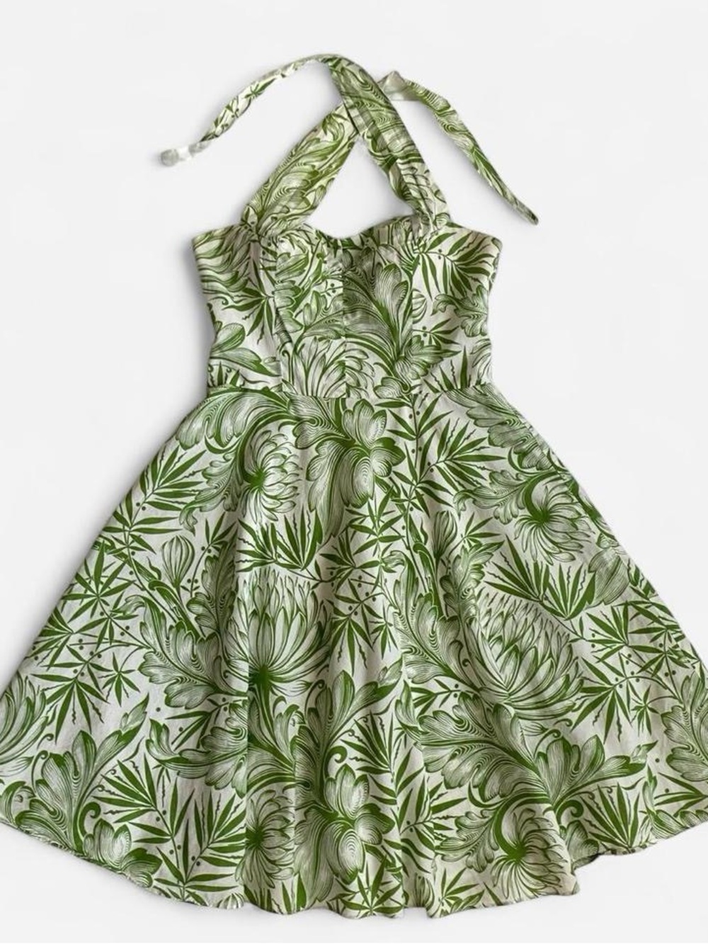 Vintage y2k green & white tropical floral halter dress